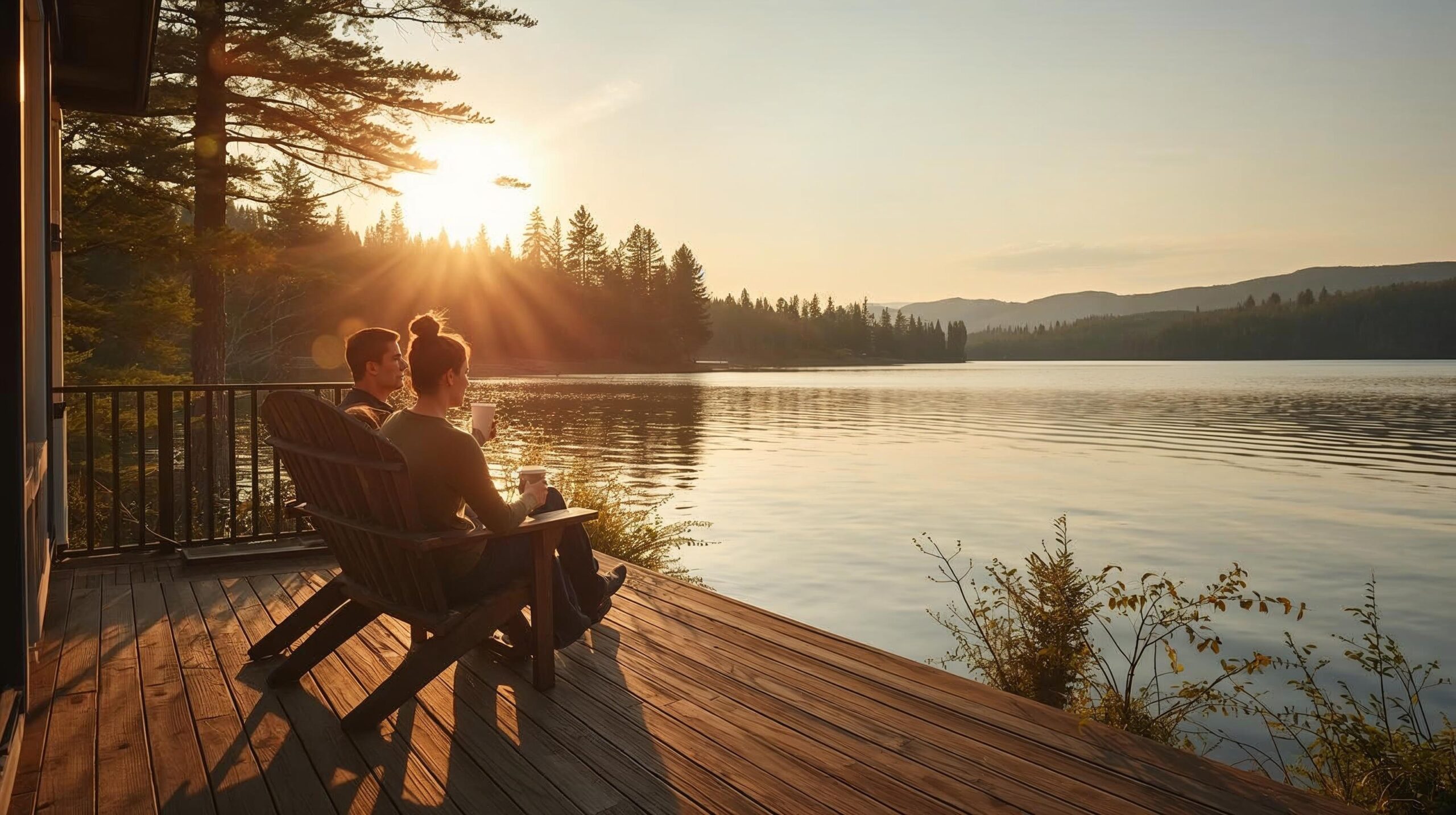 Couples sitting by a lakefront deck watching the golden sunset over calm waters.